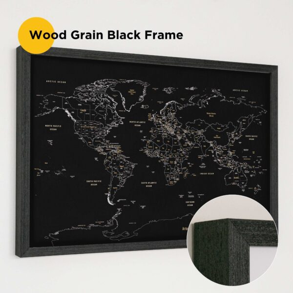 wood grain black frame framed push pin world map 2MP